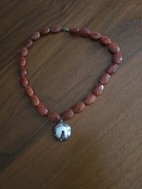Faceted Genuine Carnelian Necklace W/ Silver Disc.